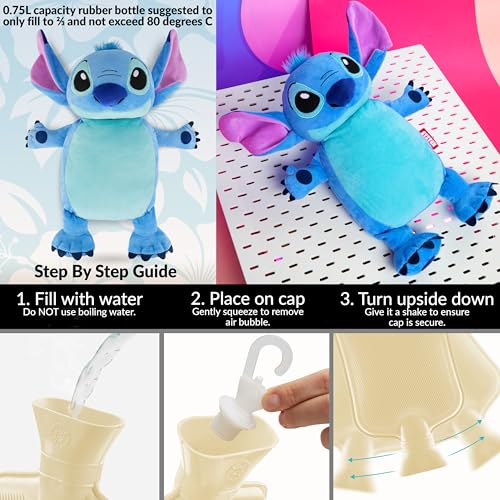Disney Stitch Kuscheltier Wärmflasche Kinder & Erwachsene, 3D Wärmflaschenbezug flauschig 0.75L, Schmerzlinderung, Coole Geschenke
