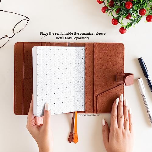 Image of NEORAH - B6 Notebook SLEEVE with SNAP Button - [ SLEEVE ONLY ]|Vegan Leather|Office Diary Holder with Penloop| 2 Front & 1 Back Pocket | 6 Card Slots |2 BookMarks - Fits any B6 Softcover - BROWN