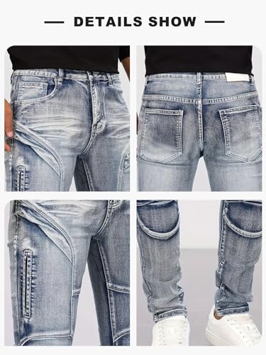 LONGBIDA Men's Motorcycle Jeans - Slim Fit Stretch Streetwear Moto Jeans, Anti-Tear Skinny Designer Pants for Bikers 6