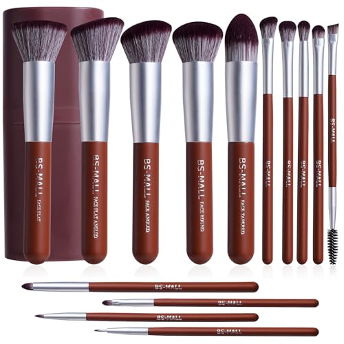 Image of BS-MALL Makeup Brush Set 14 Pcs With Case - Foundation Brush, Concealer Brush, Blush Brush & Flawless Application - Complete Luxury Cosmetic Brush Kit For Travel & Daily Use (Brown)
