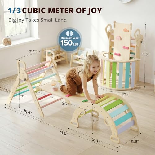 Image of BlueWood Pikler Triangle Set, Toddler Wooden Climbing Toys Indoor 7in1 Foldable Climber for Kids, Montessori Philosophy Play Jungle Gym with Arch, Ramp, Ladder (Colorful Spring)