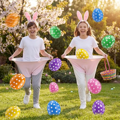 Hollowfly 20 Pcs Bunny Granny Pants Easter Yard Outdoor Game Set 2 Bunny Stretchy Pants with 12 Inflatable Easter Eggs 2 Air Pumps Rabbit Ear Headbands Tail for Tossing Game Family Relay Team (Medium)