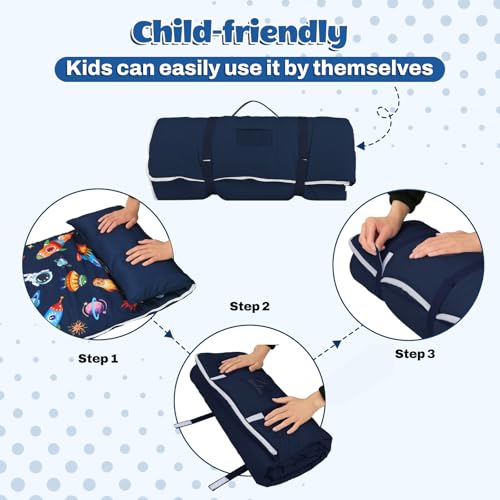 Miniatura 6 de Saco De Dormir Para Niños Con Almohada, Tapete De Siesta Para Niños Y Niñas, Cálido Saco De Dormir De 150 X 60 Cm, Tapete De Dormir Enrollable Con Doble Cremallera, Astronauta De Cohete