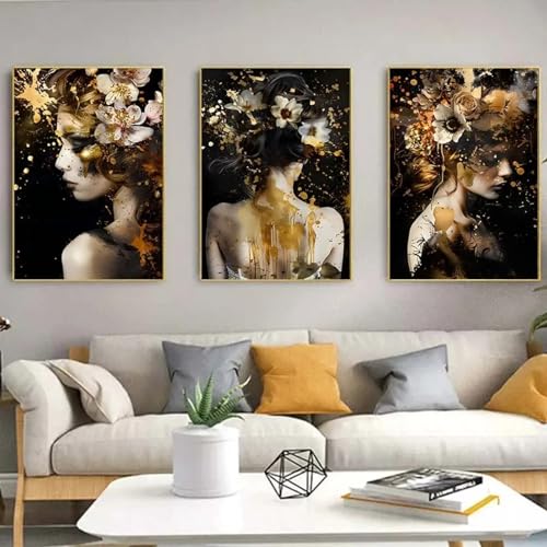 Peinture abstraite florale noire et dorée : décoration d'intérieur moderne affiche 60x90