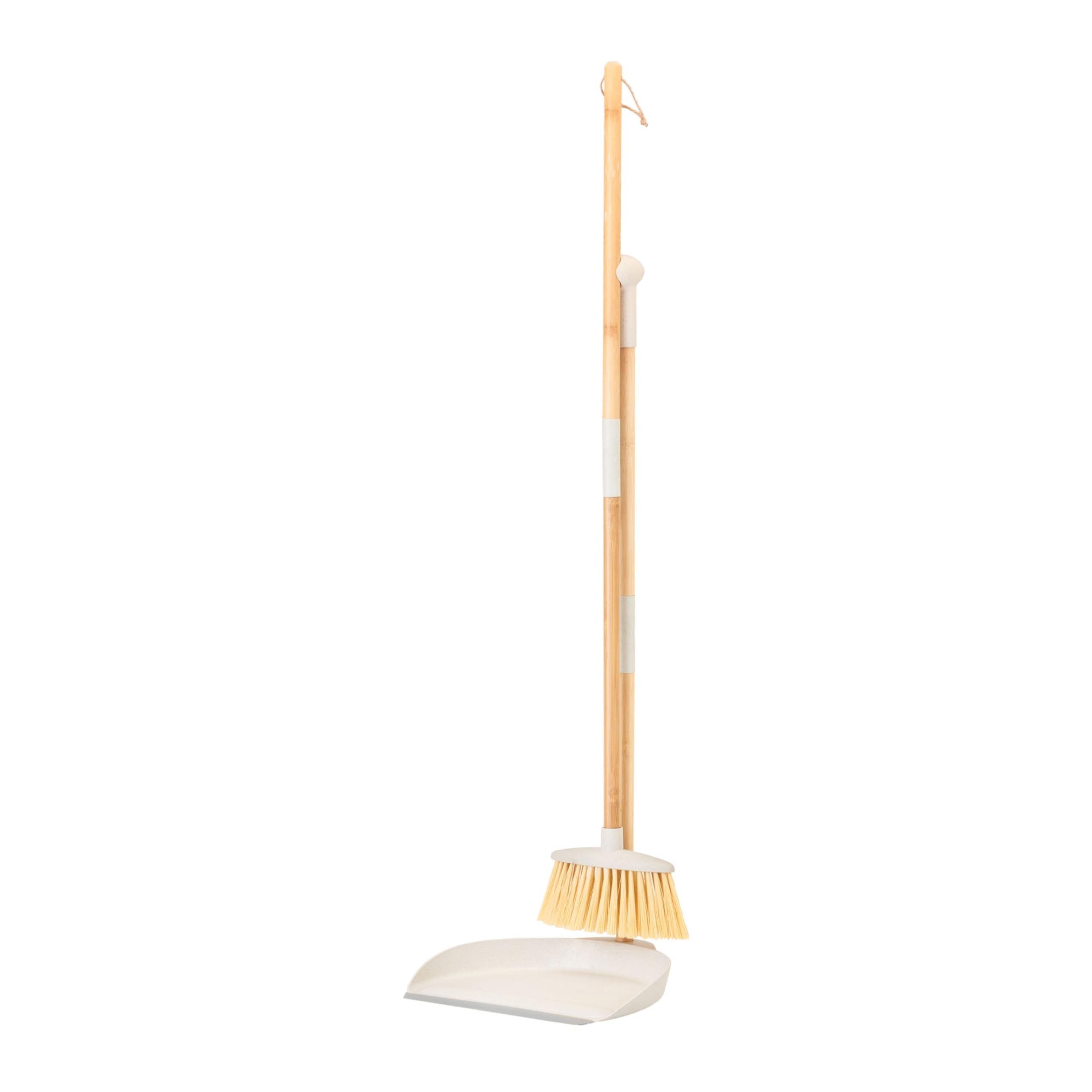 Vigar Zeroline Escoba y Recogedor Mini Desmontable Sistema Clic, Mango Bambú Natural con Regleta Goma, Cepillo Barrer Broom and Dustpan Set Compacto para Limpieza Hogar Cocina Interior, Gris
