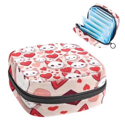 Sanitary Pads Bags, Love Heart Cute Cats Menstrual Cup Pouch Nursing Pad Holder, First Period Kit Bags for Teen Girls Women Ladies