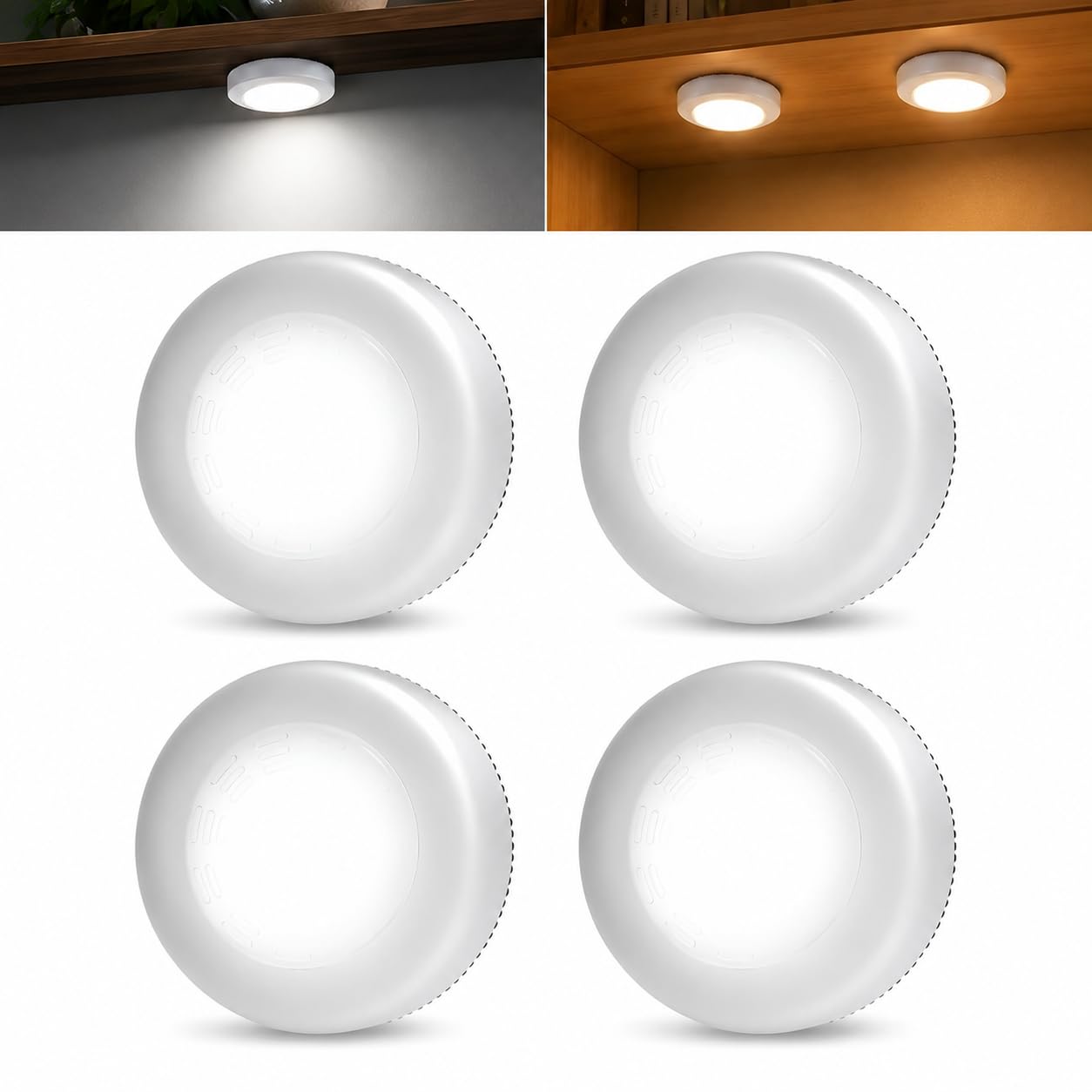 XERGY® Tap Light Push Lights Mini Night Touch Light LED Portable Under Cabinet Lighting Battery Operated Powered Stick On Lights Closet Counter Kitchen Cool White (Pack of 4) (Battery Not Included)-image-42