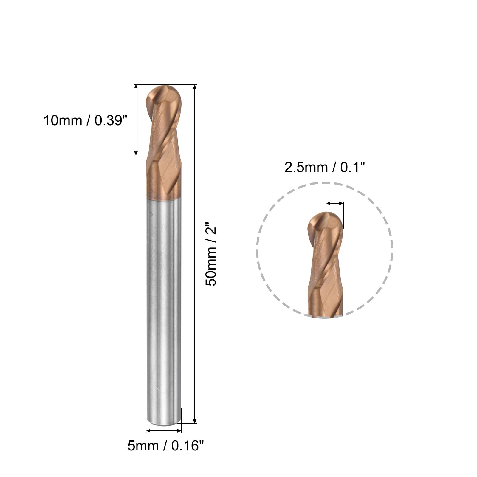 sourcing map Fraise à bout sphérique de 2,5 mm - Rayon de pointe en carbure solide avec revêtement AlTISIN CNC - 2 cannelures - HRC55 - Avec tige de 5 mm et longueur de 50 mm