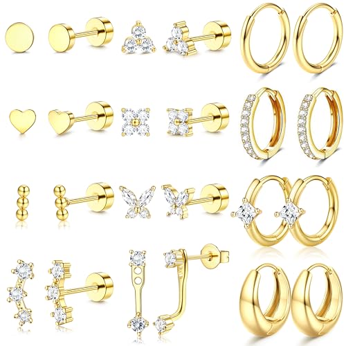 MILACOLATO 12 Pares Pendientes Mujer Dorados Piercing Oreja Pendientes Acero Inoxidable Pendiente Aro Piercing Helix Tragus Cartílago Múltiples Piercings Hipoalergenicos para Mujer H