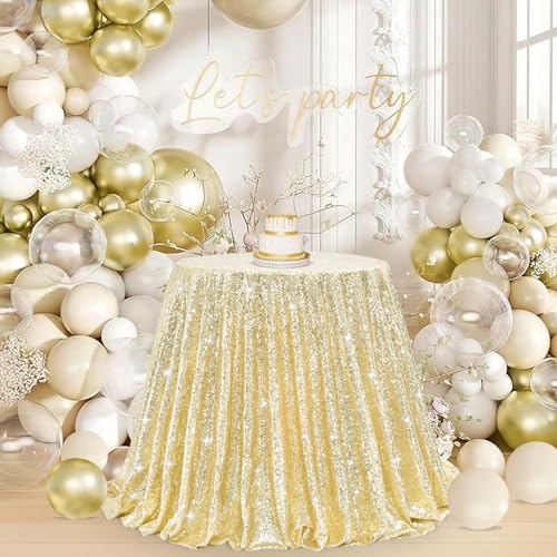 Image of B-COOL Round Sequin Tablecloth Draping Decorations: Light Gold 90 Inch Tablecloths Sequin Overlay Green Shimmer Fabric for Birthday Dinner Parties Graguation