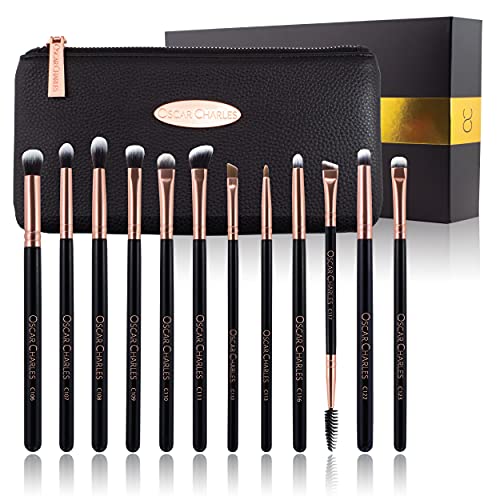 Oscar Charles Lot de 12 pinceaux de maquillage professionnels avec trousse de maquillage de luxe Doré rose