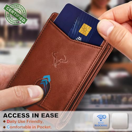 Image of Contacts Slim RFID Blocking Leather Wallet for Men - Minimalist Bifold Card Holder with 11 Slots, ID Window & Cash Pocket - Front Pocket Wallet Gift for Daily Use & Travel (Tan)