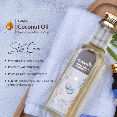 Image of CAMIA - 100% Organic Cold Pressed Coconut Oil for Skin & Hair | 100% Pure & Natural Hair Oil | Skin Hydration & Nourishment | Premium Skin Care | Ideal for Skin & Hair Care | 100 ML Glass Bottle