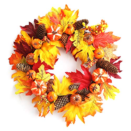 ZHAPEG Corona de otoño para puerta delantera, corona de otoño con hojas de arce, calabazas y bayas, corona de calabazas artificiales blancas para casa