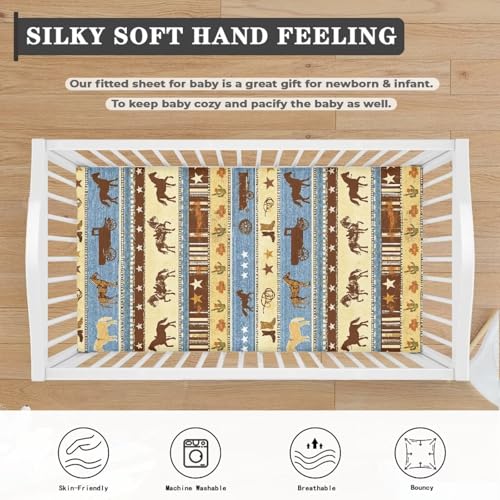 Image of Western Cowboy Horse Baby Crib Sheets Neutral Breathable Bedding Sets for Cribs Fitted Removable Southwestern Mattress Cover for Girls Safe and Breathable Nursery Decor Home Accessories