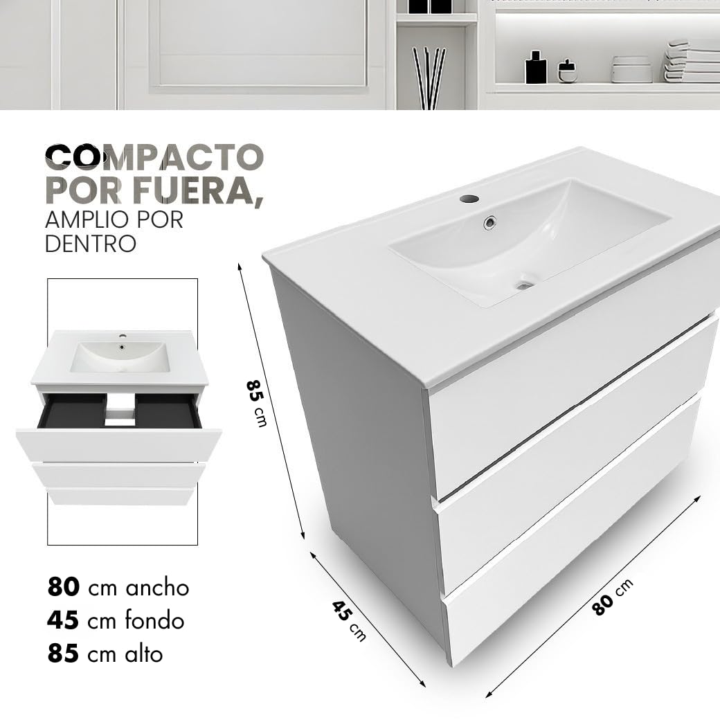 Juego Mueble Baño con Lavabo. Mueble Lavabo 80 cm. Mueble Bajo Lavabo Compacto Preinstalado de Fábrica. Mueble Baño con Lavabo 80 cm con Pie de Porcelana. No Incluye Espejo.