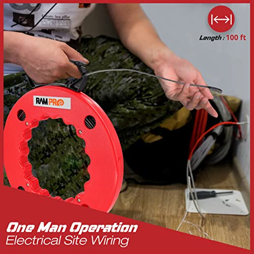 Fish Tape Wire Puller 100ft - Easy to use Cable Puller Tool with Double Loop Tip - Flexible Wire Fishing Tools for Walls and Electrical Conduit - 1/8 Steel Fish Tape Durable Housing - RamPro (100 ft)