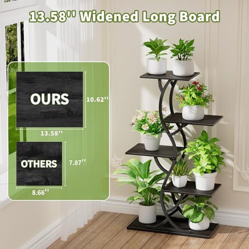Image of Plant Stand Indoor with Grow Lights - 5 Tiered Corner Plant Shelves (Black) | 44 inch Tall Metal Plant Shelf, S-Shape Lighted Flower Holder Dispaly Rack for Living Room, Home, Patio, Balcony