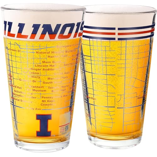 Greenline Goods University of Illinois Pint Beer Glasses Set of 2 - Full Color Illinois Logo & Campus Map – Fighting Illini Gift Idea for College Grads & Alumni - College Glassware