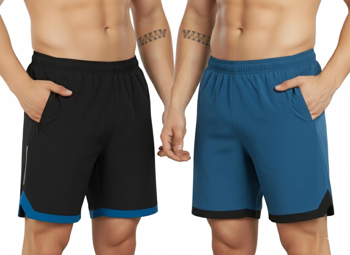 NEVER LOSE Mens 2 Pack Polyester Yoga Short Men Summer Running Gym Sports Shorts with Pockets Shorts for Men