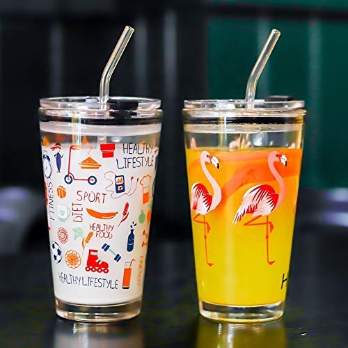 Image of ANKUL Cartoon Creative Printed Glass Tumblers with Lid and Straw - 350 ml Reusable Smoothie & Water Glasses - Cold Drink Cups (Random Design) (1, Patiyala)