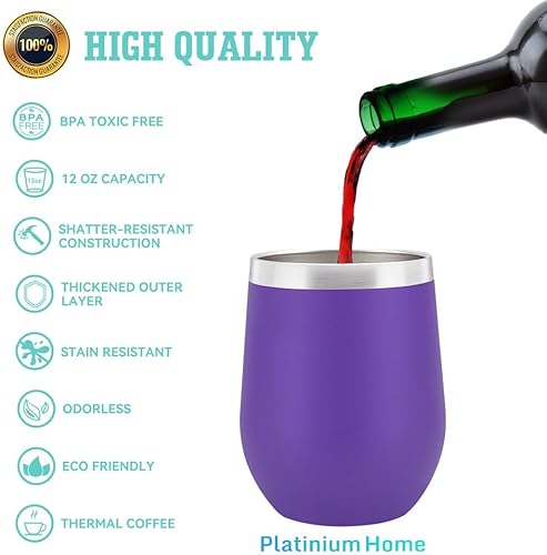 Miniatura 8 de PLATINIUM - Vaso de vino de acero inoxidable (paquete de 2), vaso de vino aislado al vacío de 12 onzas con tapa 2 en 1 y popote, mantiene el frío y