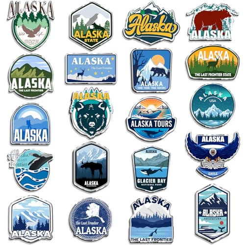 Konohan 20 Pcs Alaska Metal Fridge Magnets Bulk, Alaska Travel Souvenirs Gifts Include Polar Bears, Whales, Moose, Glacier, Cultural Travel Souvenirs Magnets for Refrigerator, Home Decorations, Office