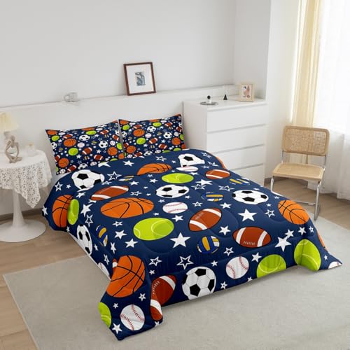Image of Feelyou Sports Theme Bedding Set Twin Size Basketball Football Baseball Tennis Comforter Set for Kids Boys Girls Teens Toddler Sports Game Duvet Set Navy Blue Quilt Set 2Pcs, Queen