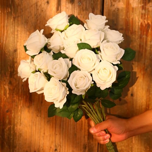 JUSTOYOU 20 PCS White Rose Artificial Flower,Silk Blooming Rose with Stem,Artificial Rose Bouquet Realistic Flower for Home Table Office Party Wedding Garden Arrangements(white rose) - Image 2