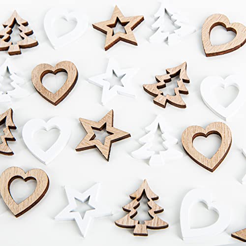 Logbuch-Verlag 24 piezas pequeñas de madera para esparcir Navidad, color blanco, decoración para mesa, 2,5 – 3 cm, diseño de corazón, árbol y estrellas