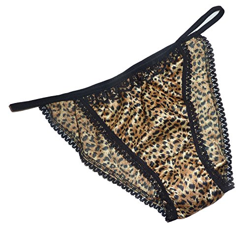 Shiny Satin String Bikini Mini Tanga Panties Brown Leopard with Black lace 6 Sizes Made in France (S fits Hips 34"-36")