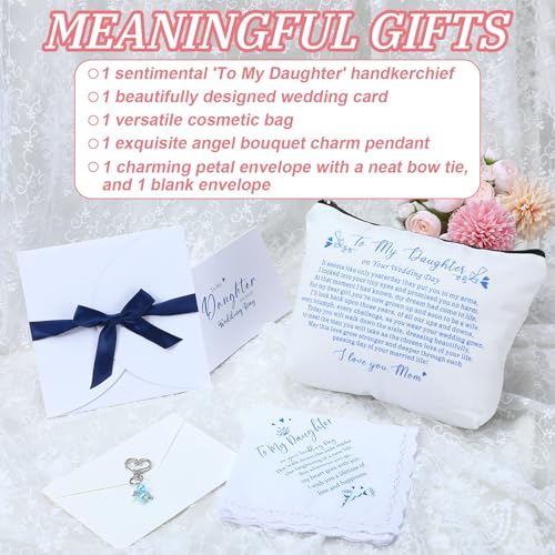 6 Pcs Wedding Gift to Daughter from Mother Include Embroidered Handkerchief Bride Angel Charms Card Makeup Bag Petal Envelope Blank Envelope for Wedding Day Bridal Shower Keepsake3