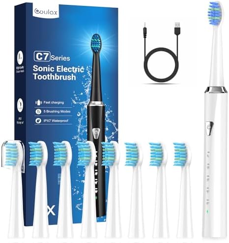 COULAX Spazzolino Elettrico Sonico per Adulti e Bambini - Spazzolino Elettrico con 8 Testine, 5 Modalità, Impermeabile IPX7, Spazzolini Elettrici ad Ultrasuoni per Famiglia e Viaggi, Perla Bianca