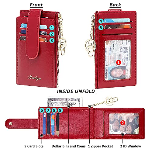Image of Badiya Slim Women Wallet RFID Blocking Bifold Compact 9 Card Slots Holder Wallets Soft Leather with Zipper Coin Pocket 2 ID Window