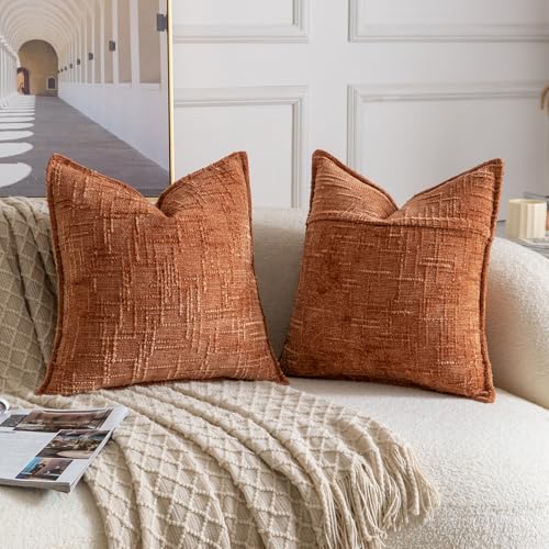 Image of MADIZZ Pack of 2 Chenille Throw Pillow Covers 16x16 Inch Rust Soft Neutral Decorative Throw Pillows for Couch Sofa Boho Accent Cushion Covers Modern Farmhouse Home Decor for Bedroom Living Room