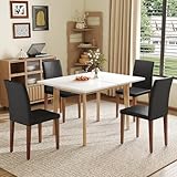 White Sintered Stone Tabletop, Rubberwood Legs,Foldable Computer Desk, with 4 Black PU Dining Chairs,for Home