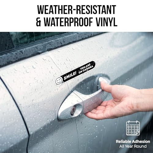 Image of | Smile You're On Camera Stickers (5 Pcs) - Strong Adhesive, Waterproof You are On Camera Signs! Size 5 inch x 1 inch. Anti Theft Car Stickers. Perfect for Business and Home Security Too