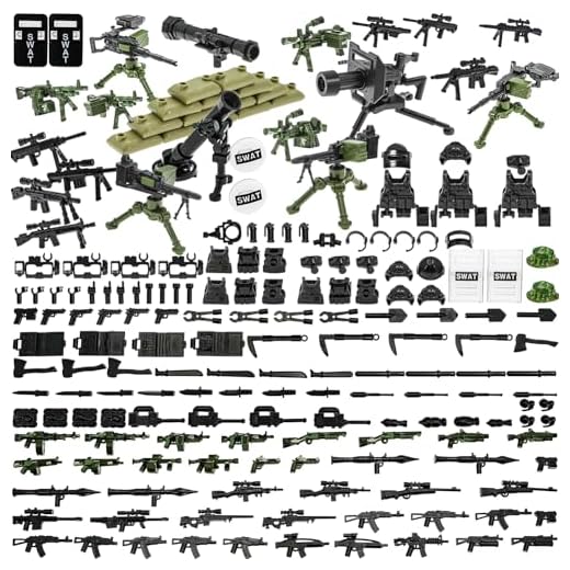 BrickBounty 130 pcs Pistolets-Armes-Packs Jouet pour Bloc de Construction de Grande Marque, Casque Gilet Équipement Ensemble pour Briques-Soldat Figurines WW2 Bases Militaires SWAT Rangers MUNITIONS.