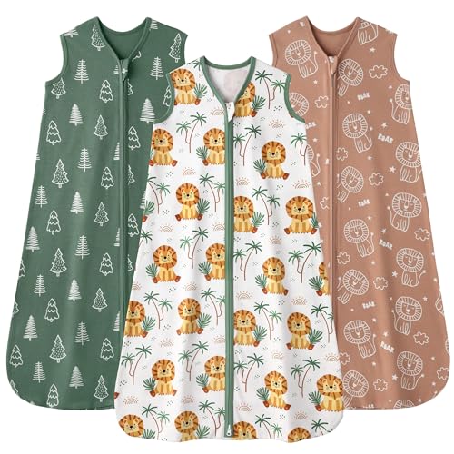 Image of Baby Sleep Sack 12-18 months, 100% Cotton Sleeping Sack for Toddler, 3 Pack Baby Wearable Blanket, 0.5 Tog Lightweight Double Zipper Sleep Bag Large Brown Green Lion