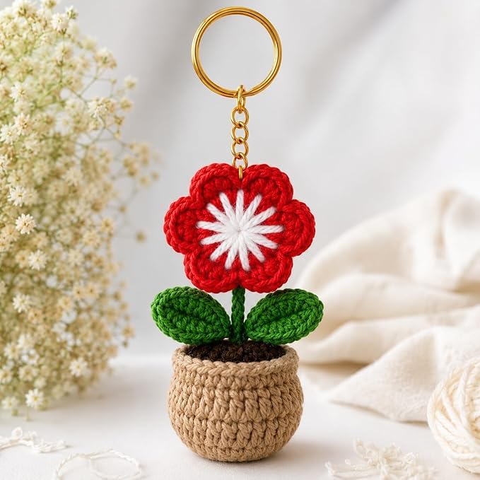Image of Handmade Crochet Keychain Combo for Girls Women Cute Aesthetic Sunflower Strawberry Watermelon Daisy Knitted Keychain Bag Charm Purse Charm Car Key Ring Backpack Accessories Gift