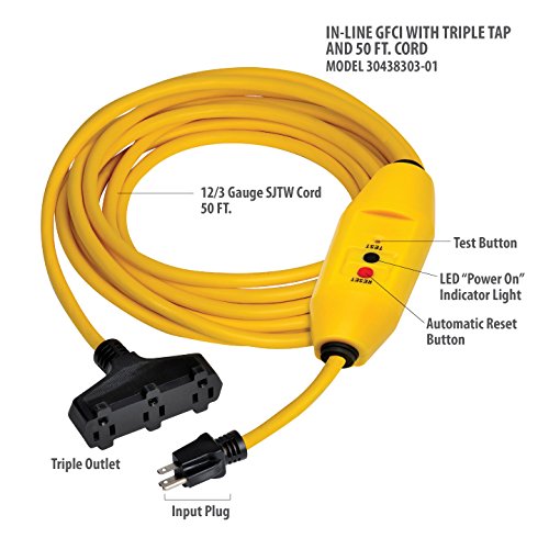 Tower Manufacturing 30438303-01 Auto-Reset 15 AMP Inline GFCI Triple Tap Cord, 50 Feet, Yellow