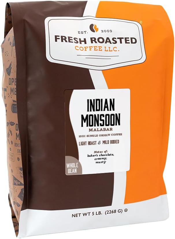 Fresh Roasted Coffee, Indian Monsoon Malabar Whole Bean Coffee, Light Roast, Kosher, 5 lb (80 oz)