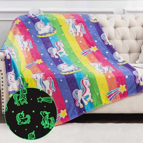 Image of Unicorn Gifts Toys for Girls Kids - Glow in The Dark Rainbow Blanket Best Christmas Birthday Valentines Easter Decor Present for Age 1-14 Years Old Teens Child Toddler Daughter Soft Cozy Throw 50 inchx60 inch