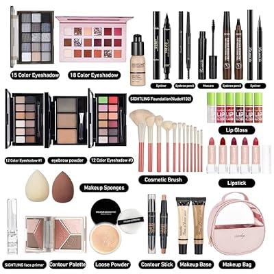 All In One Makeup Kit, Travel Makeup Kit, Makeup Gift Set, Makeup Kit for Women Full Kit, Makeup Bundle Includes Foundation Eyeshadow Palette Lipstick Eyeliner Mascara Contour Stick Cosmetic Brush Set