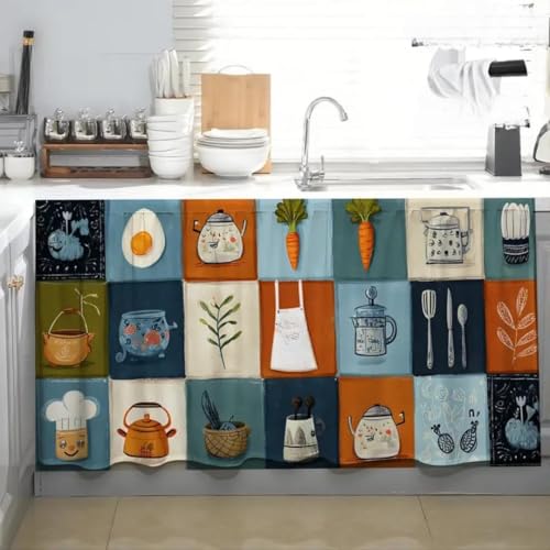Image of Premium Printed Kitchen Sink Curtain with Rod Pocket | Under Sink Storage Cover | Washable Dustproof Cabinet Curtain for Kitchen Counter, Wash Basin (Kettle, Pack of 1)