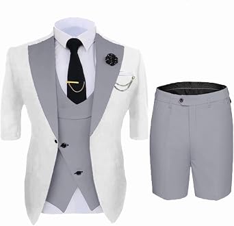Short Sleeve Grooms Suits for Men Wedding 3 Piece Summer Dress Formal Tuxedo Blazer with Vest and Shorts Set for Party