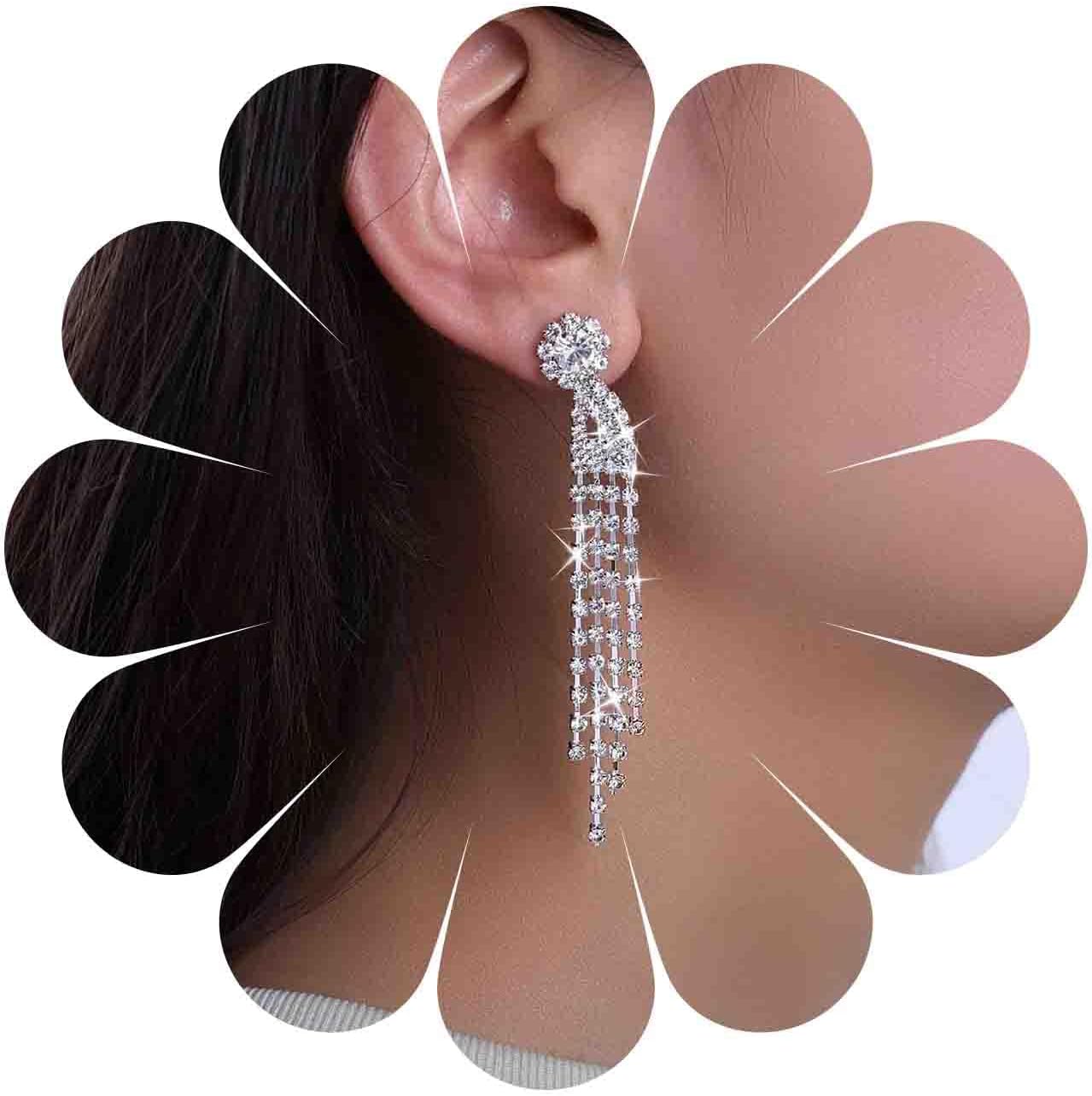 Rhinestone Tassel Drop Earrings Silver Crystal Chandeliers Earrings Long Rhinestone Earrings Cz Tennis Chain Earrings Wedding Birdal Earrings Jewelry for Women