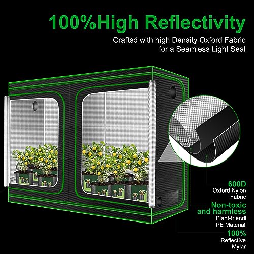 Image of 4x8 Grow Tent, 96 inchx48 inchx80 inch High Reflective 600D Diamond Mylar Canvas with Observation Window and Floor Tray for Hydroponic Indoor Plant Growing