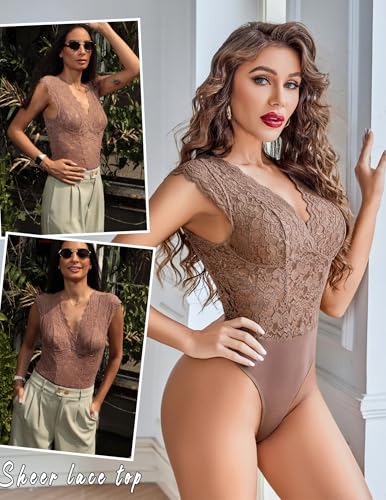 Avidlove Lace Bodysuits for Women Sexy V Neck Sheer Bodysuit Tops Snap Crotch One Piece Teddy3