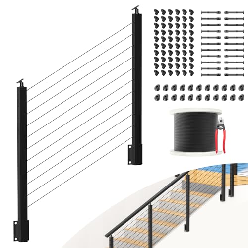 Image of 4-12ft Complete Set 36 inch Side Mount Cable Railing Post for 25-35 Degrees Stair, 2 Pack Black Right Fascia Mount Stair Post, 150ft 1 /8 inch Cable(No Handrail), Swageless Cable Railing Kit, MY10-SP